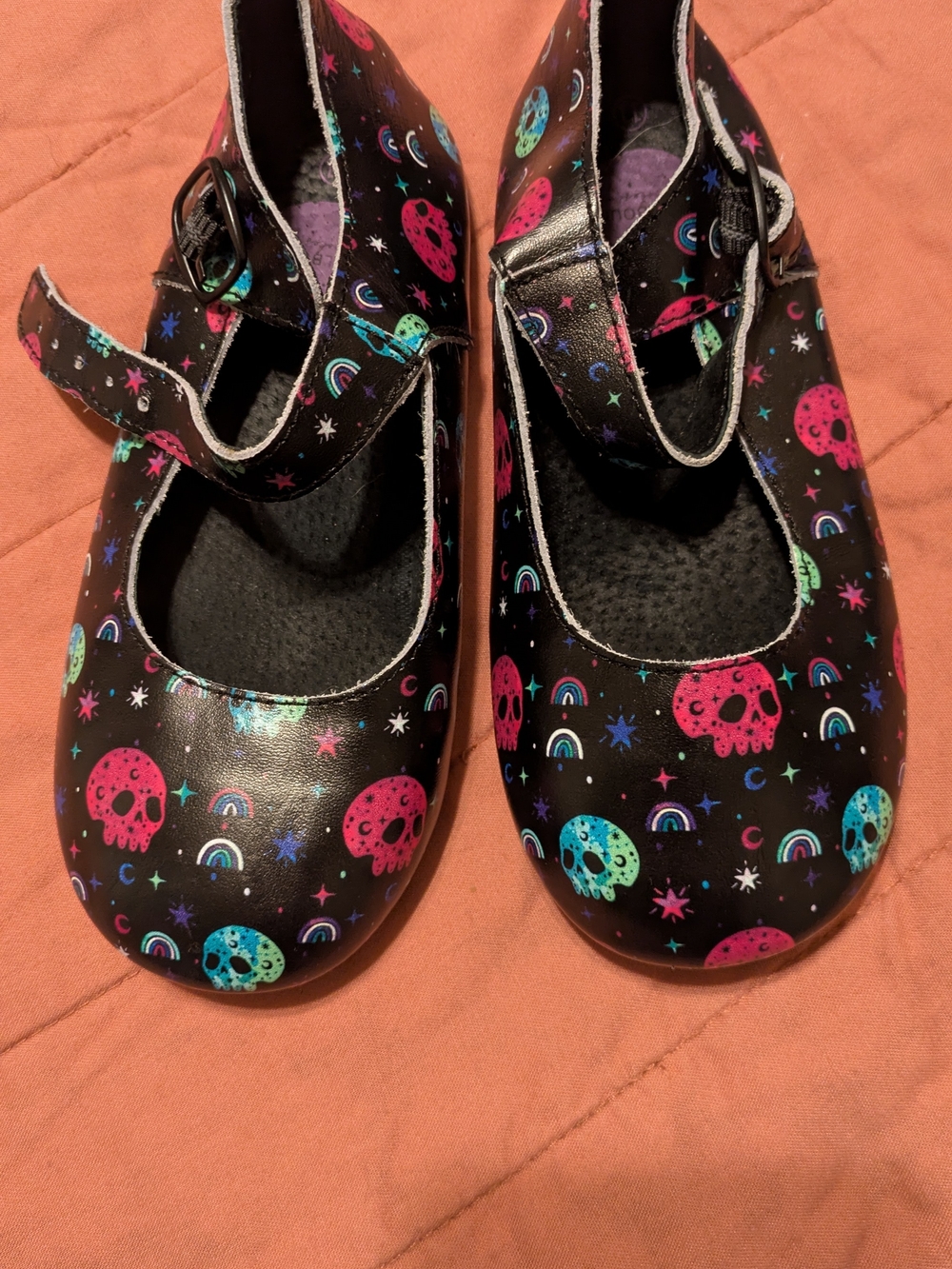Spellbound Soles Kids Size 11 Black Mary Janes with Neon Skulls And Rainbows